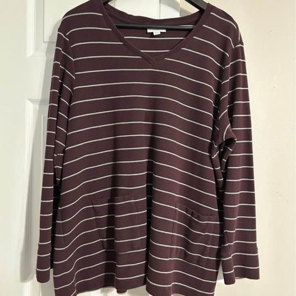 J Jill Womens 2X Plum Striped V Neck Tunic Top Long Sleeve Pockets Plus Size